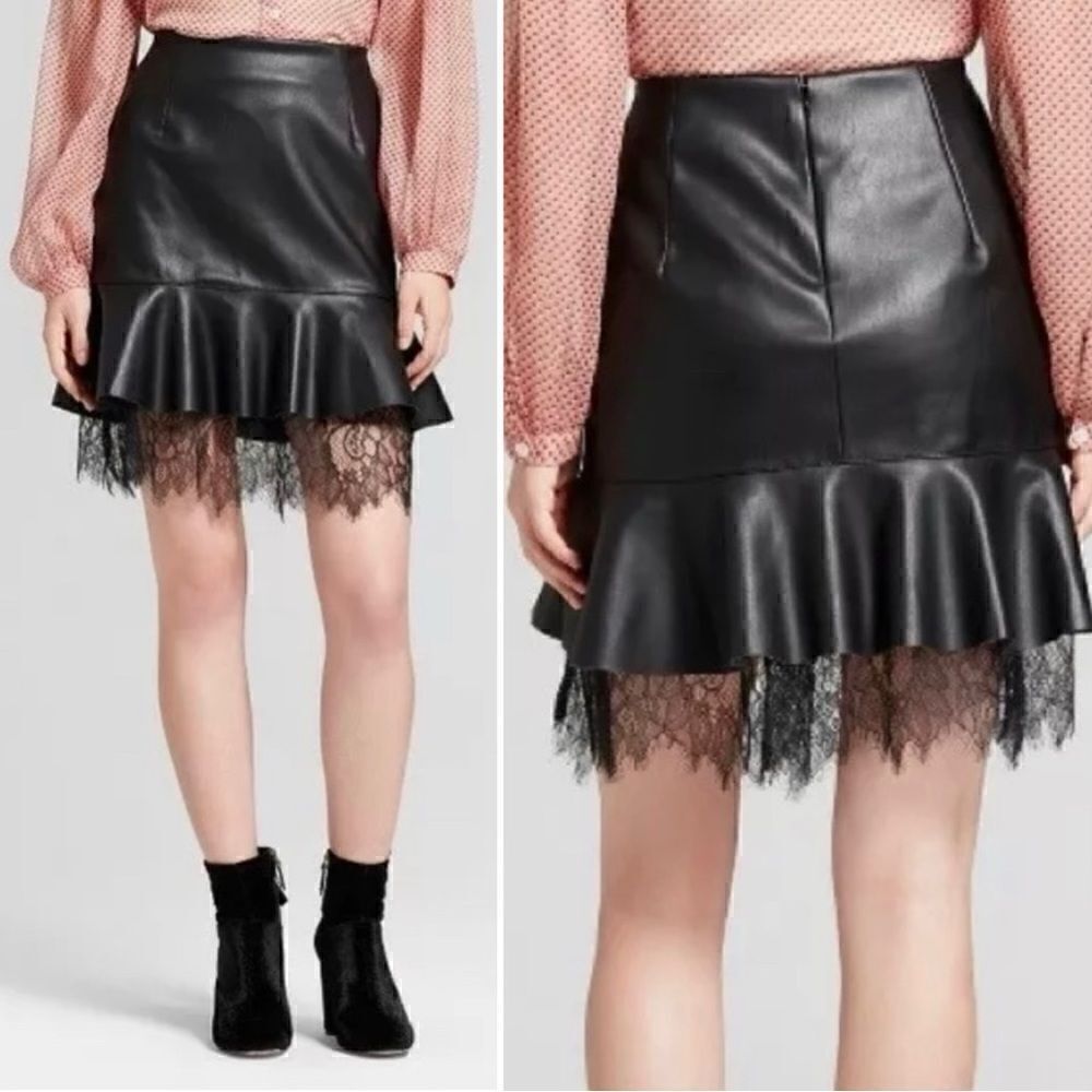Who What Wear Black Faux Leather Mini Skirt with Ruffle Lace Hem
